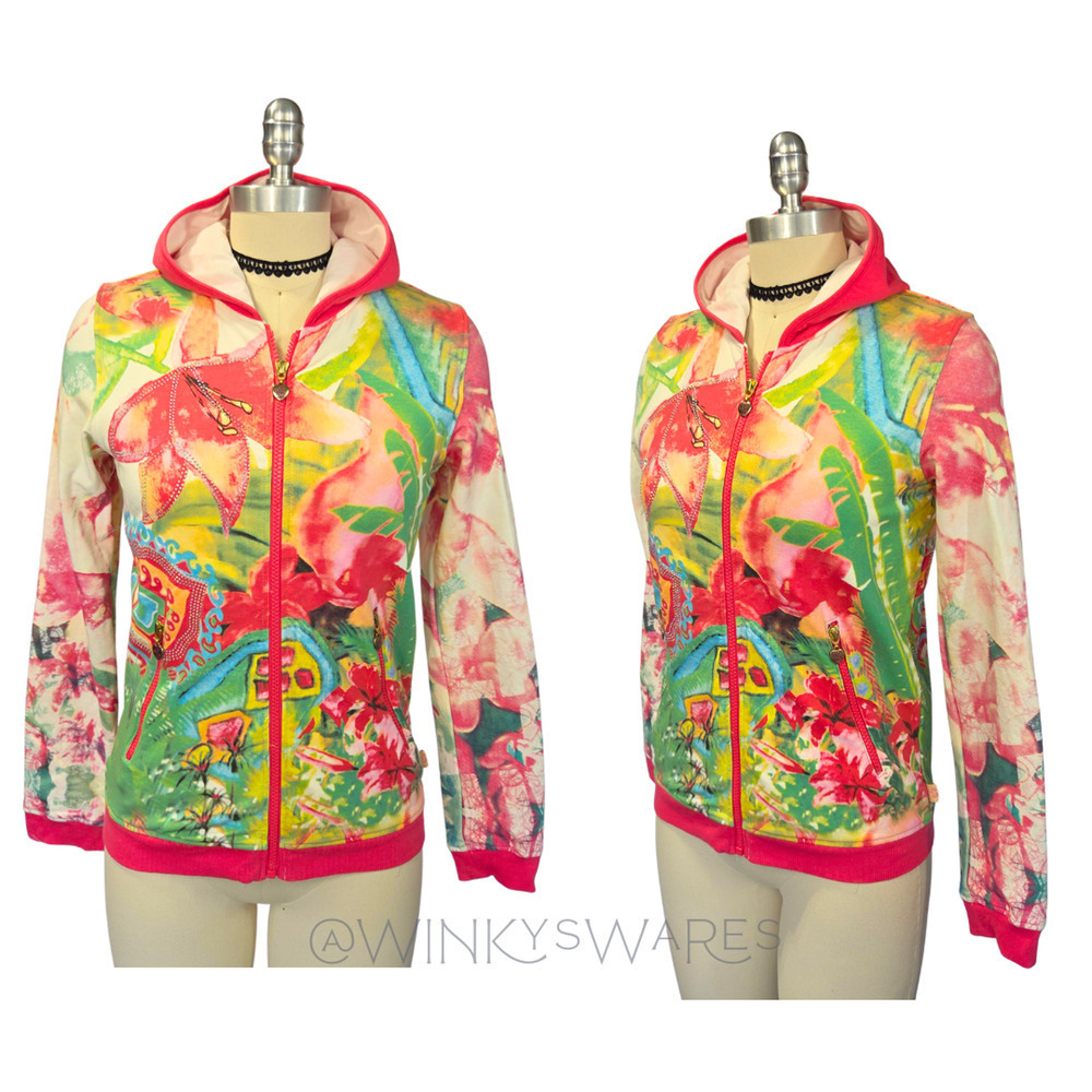 Vintage Y2K Hoodie Size S Euro Style Full Zip Perro Doro Embellished Floral